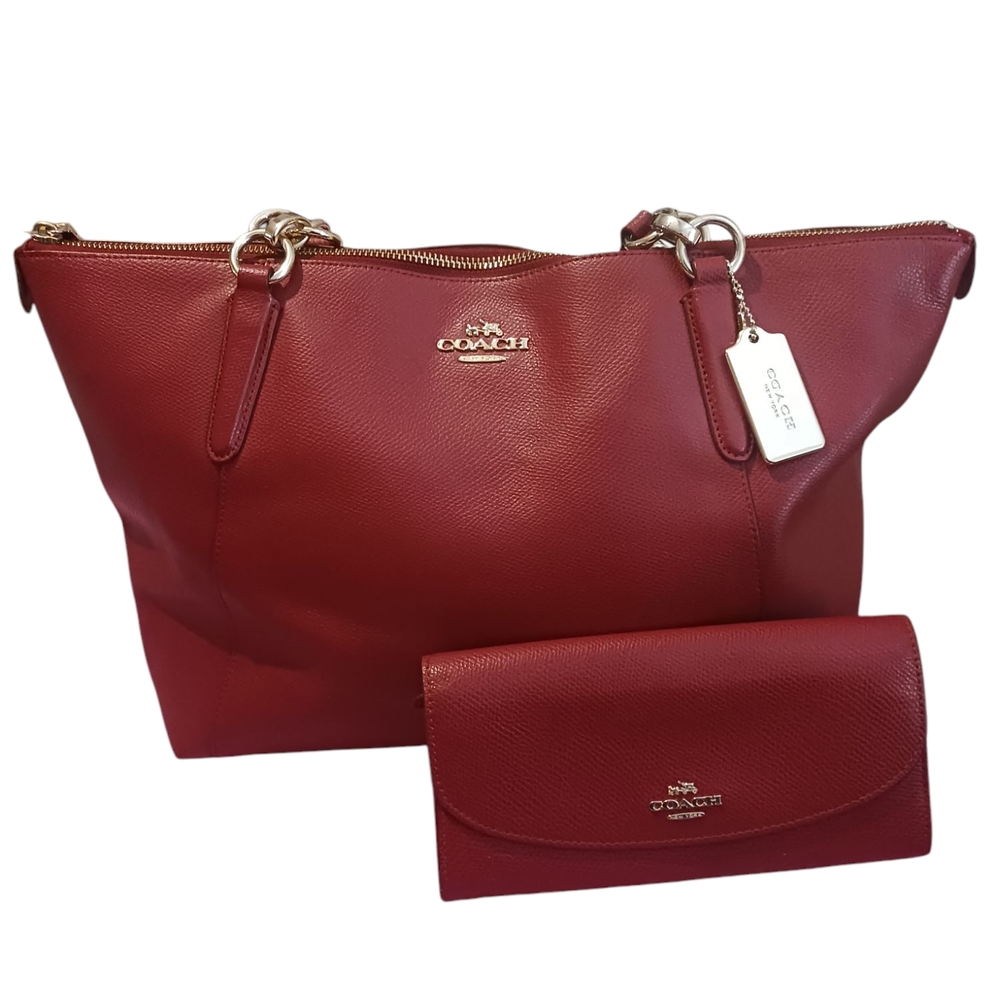 Coach Red Leather Tote and Wallet Set